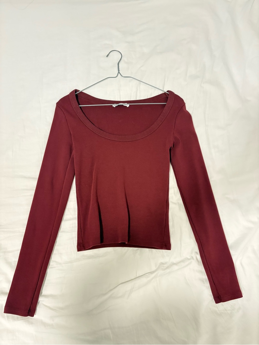 Zara Ribbed Burgundy Scoop Neck Long Sleeve Top